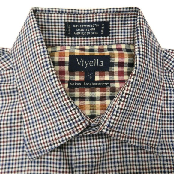 Viyella Button Up Shirt Mens Large Long Sleeve Non Iron Cotton Blue Red Plaid - Picture 5 of 6
